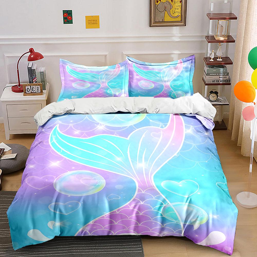 Set Copripiumino Coda di Sirena Gradiente Pastello Cuore a Bolle Kawaii per Ragazze Include 1 Copripiumino e 2 Federe Regalo