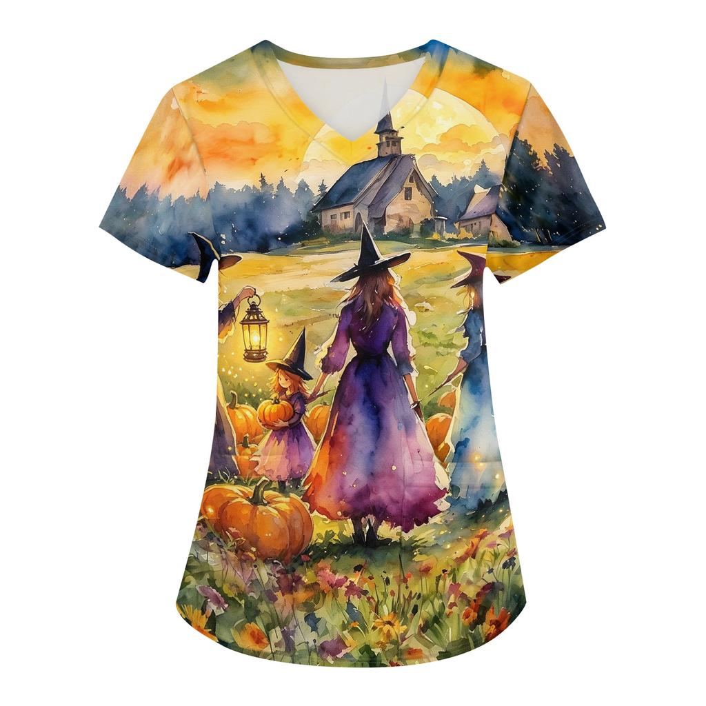 Women's Halloween Printed V-Neck Short Sleeve Scrub Top with Pockets