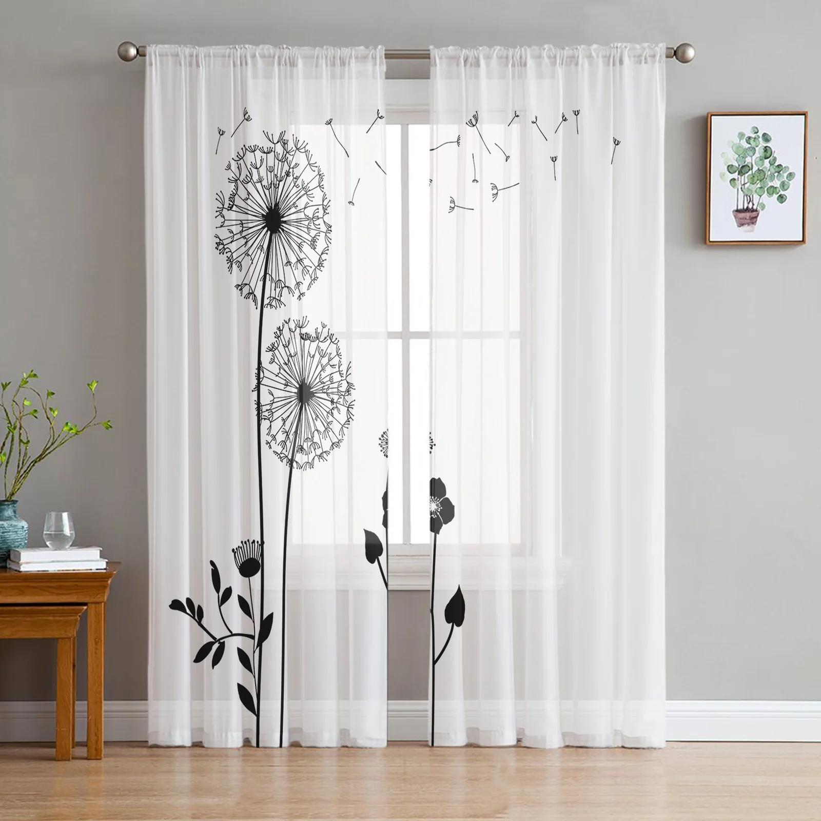 

Dandelion Floral Blooms Black Pure White Transparent Curtains Perfect for Living Room Ornamentation Fine Netting Light Voile Organza Window Curtains W135 x H115cm x1&Grommet Top