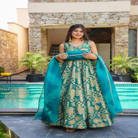 Teal Green Traditional Printed Lehenga Set with Dupatta