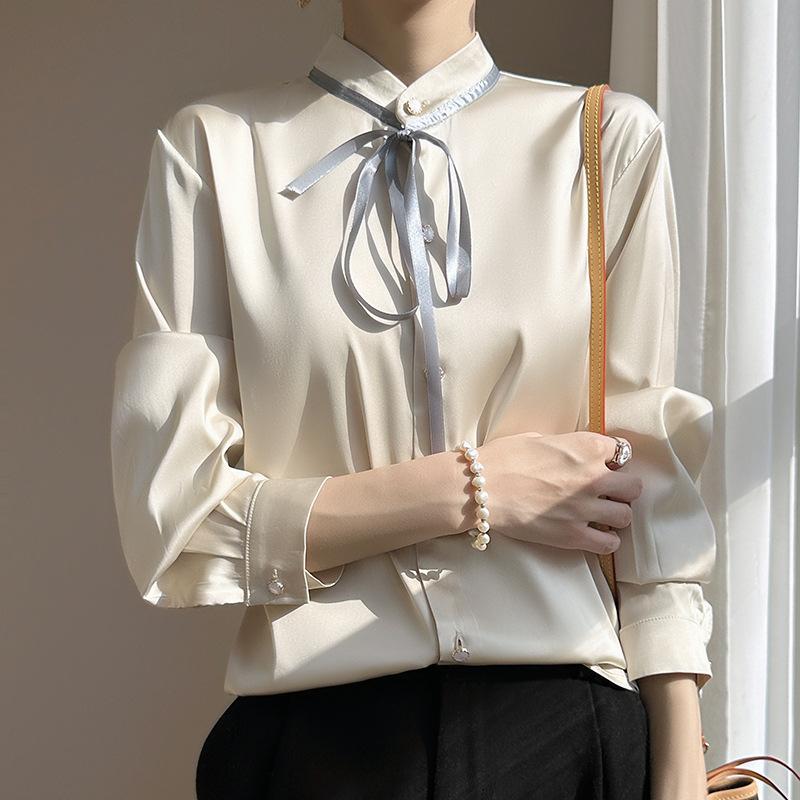 

Весенне-осенняя женская рубашка с поясом, кардиган, топы с круглым вырезом и бантом, костюм, блузка с внутренним воротником-стойкой 2XL шампанского