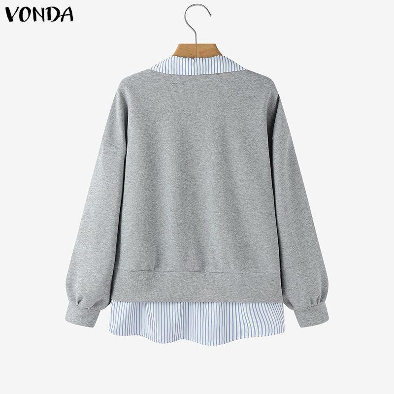 ZANZEA Women Casual Lapel Neck Long Sleeve Patchwork Striped Blouse Tops