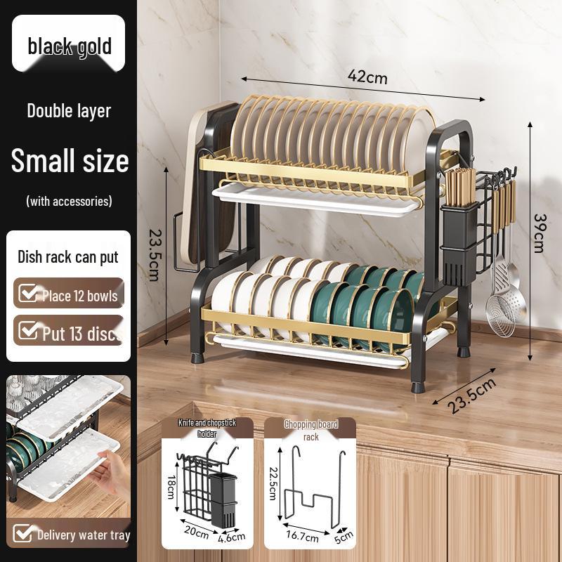 Égouttoir de cuisine multicouche pour bols, assiettes, couteaux et baguettes avec fonctionnalité d'égouttage sur le plan de travail