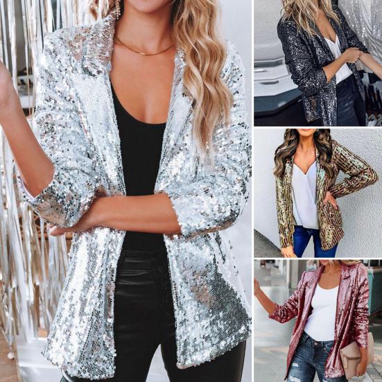Kadın Ceket Uzun Kollu Hırka Gevşek Eşleşmesi Kolay Büyüleyici Turn-down Yaka Tek göğüslü Parlak Payet Büyüleyici Sonbahar Blazer Arkadaşlık için