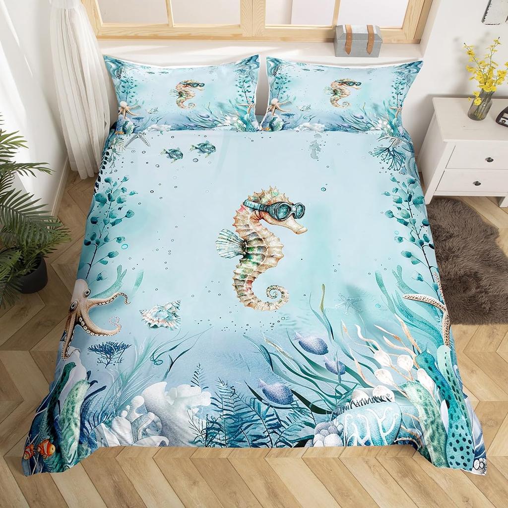 Seahorse Duvet Cover Sets For Kids Teens Queen Lightweight Bedding Sets Ocean Animal Bedspread Covers Bedroom Decor No Comforter