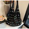 Casual Boho Crochet Beach Tote Bag Hollow with Colored Beads Knitted Bag Handmade Large Capacity Tote Bag