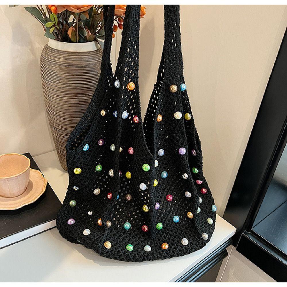 Casual Boho Crochet Beach Tote Bag Hollow with Colored Beads Knitted Bag Handmade Large Capacity Tote Bag
