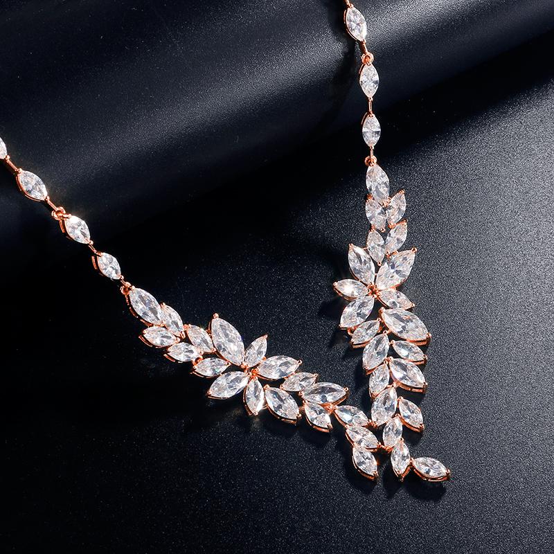 ZAKOL Luxury Brilliant Full Zirconia Leaf Flower Necklace for Women Elegant Dubai Nigeria Bridal Wedding Party Zircon