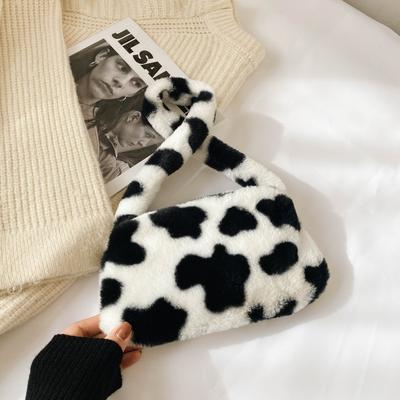 Fashion Women Cow Print Mini Shoulder Bags Female Winter Plush Underarm Bags Leopard Zebra Pattern Fluffy Tote Bags Small Purses