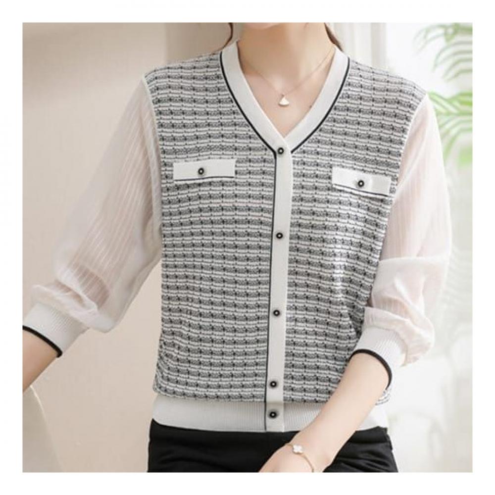 NaVaVa Women S Check See Through V Neck 7 8 SleeVeS Knitted Sweater Nk2024