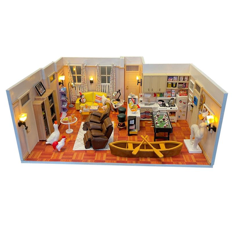 DIY Wooden Sheldons's Apartment Casa Miniature Building Kits Bookend Lights Assembled Bookshelf Home Decoration Friends Gift