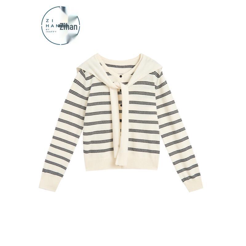 ZIHAN Women s 100% Lamb Wool Color-block Striped Crew Neck Sweater M