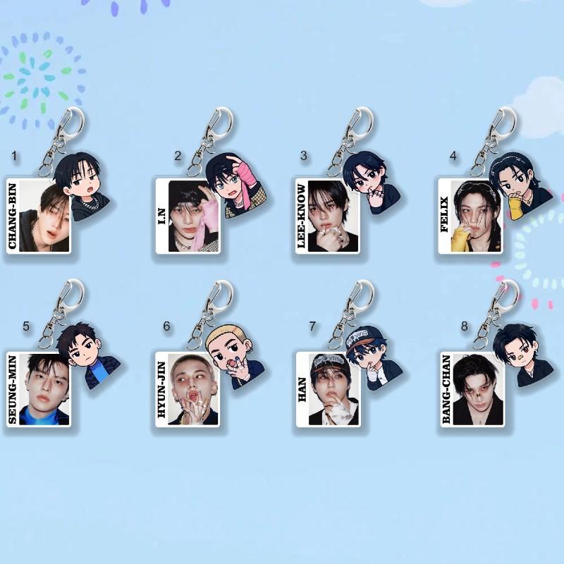 8pcs Stray Kids Double Charms Acrylic Keychain, Kpop Member Real Photo + Cute Cartoon Pendant, STAY Fans Collectible Bag Accessory Key Ring