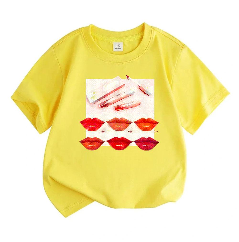 Kids Boys Girls 100% Cotton Crew Neck Short Sleeve T-shirt, Fashion Lipstick Print Casual Soft Breathable Summer Tee Tops for Children Daily Wear