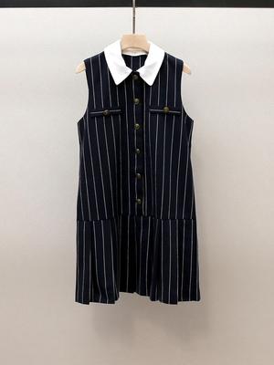 Autumn French Commuter Striped Sleeveless Pleated Dress with Turn-Down Collar