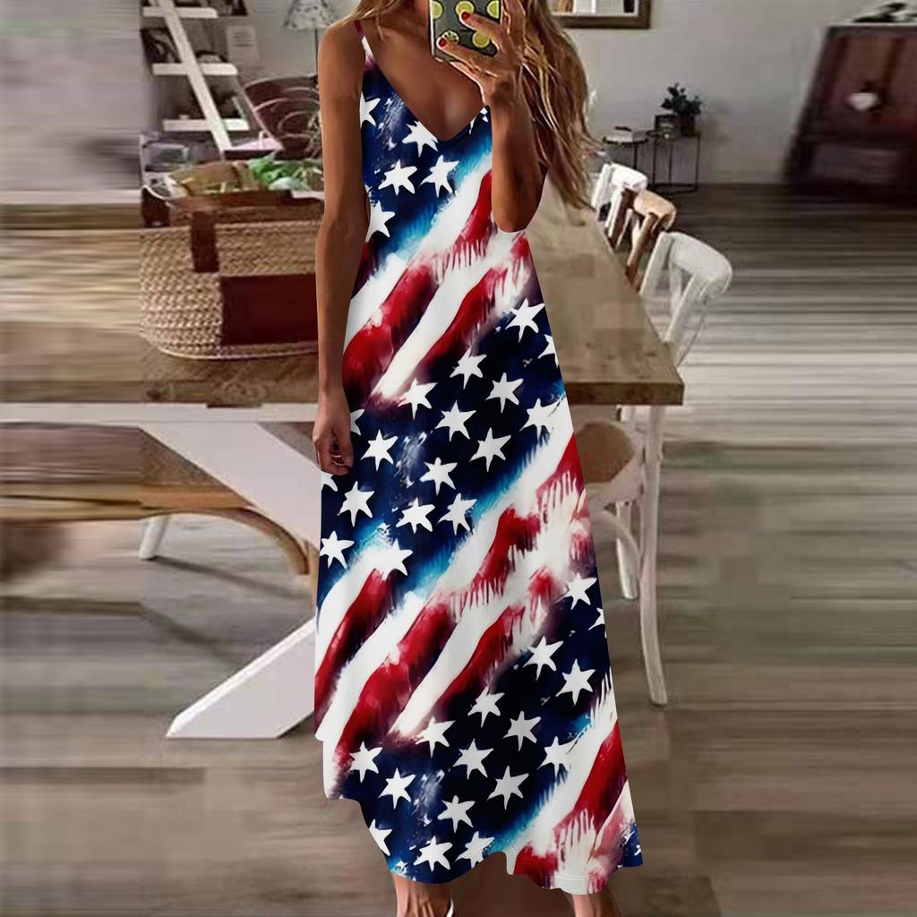 Women's Loose Independence Day Casual Slim V-neck Color Imitation Cotton Fashion Overalls Skirt