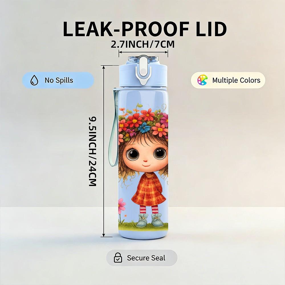 1PC Flower Wreath Girl Cartoon Print 750ml Color Plastic Sports Water Bottle Leakproof Flip Straw Lid Suitable for Sports Office Home Use