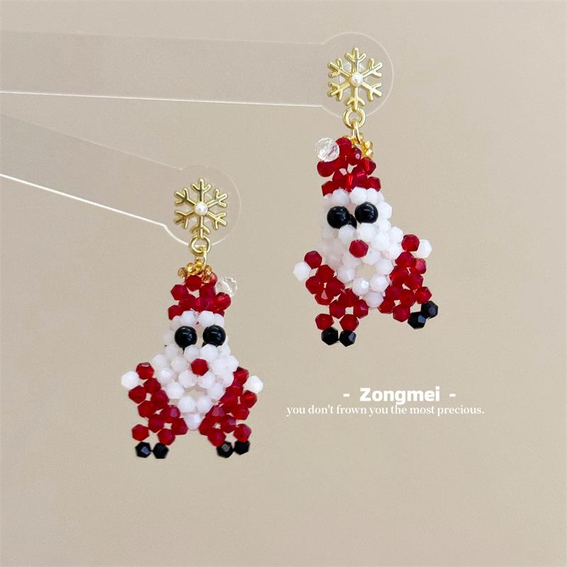 3D Christmas Tree Earrings with Red Bow - Heavy Beaded Crystal Ear Clips, Hand-Woven Holiday Accessories