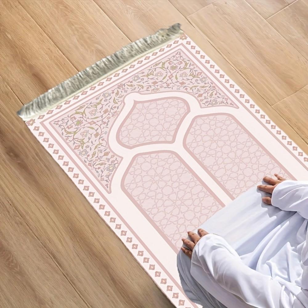 Tapis de prière musulman de luxe, Tapis à motif floral rouge, Tapis de voyage pliable avec pompons pour l'extérieur et l'Aïd du Ramadan, Mubarak