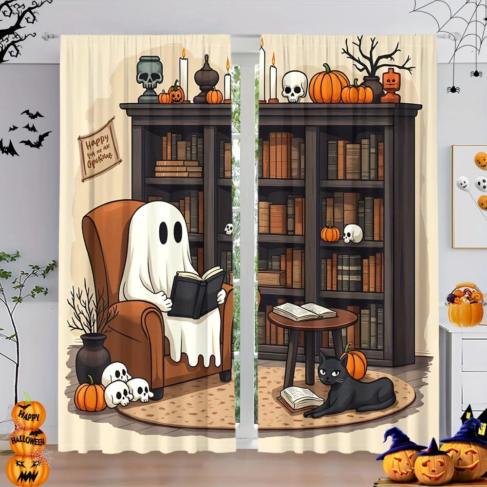 2pcs- Halloween Gothic-style "ghost" printed curtains   pole bag curtains   home decorations   room decorations