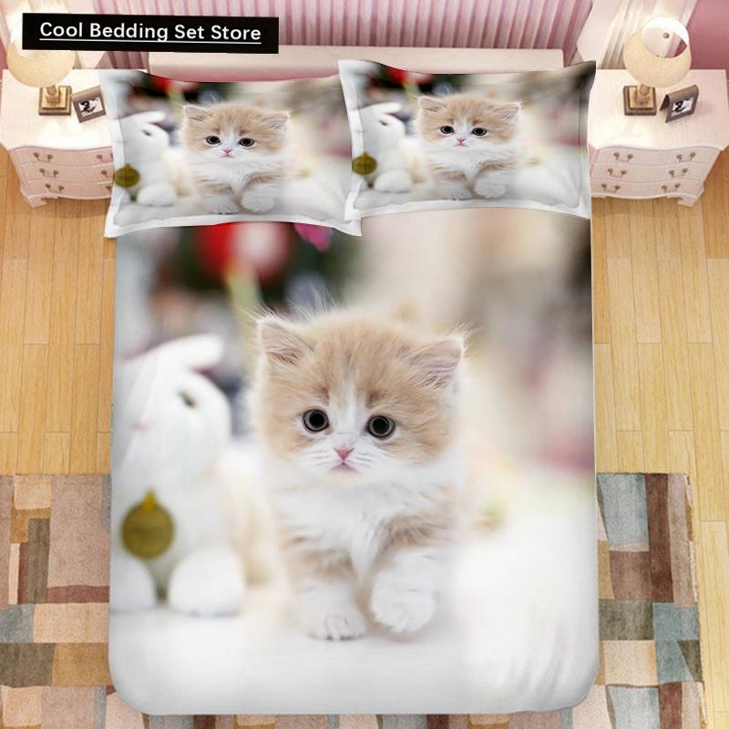Super Cute Kitten Kids Bedding Set Kawaii Girl Quilt Cove King Queen Size Cat Animal 2/3pcs Polyester Duvet Cover (No Sheet)