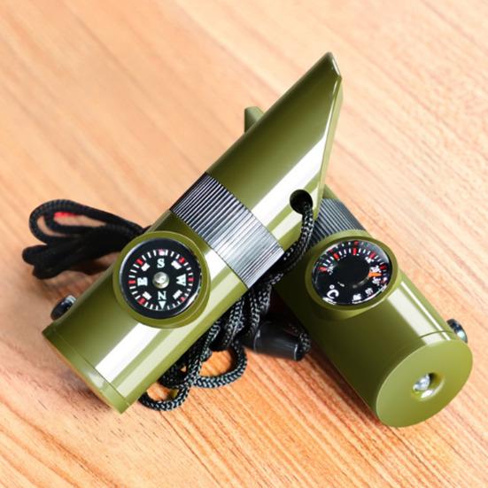 7-In-1 Multifunctional Whistle with Compass Thermometer Magnifier Reflector Mirror LED Light Outdoor Hiking Hunting Camping Emergency Survival Tool