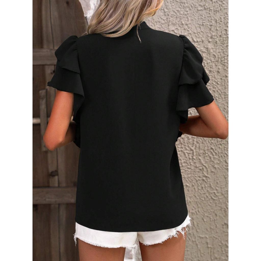 GMXIA Women's Summer V-neck Casual Double Layer Lotus Sleeve Solid Color Shirt Top