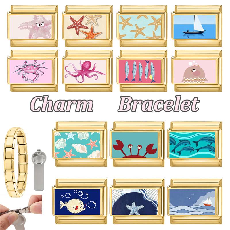 New Sea Series Starfish Shell Crab Conch Golden Italian Charm Links Fit 9mm Stainless Steel Bracelet DIY Making Christmas Gift