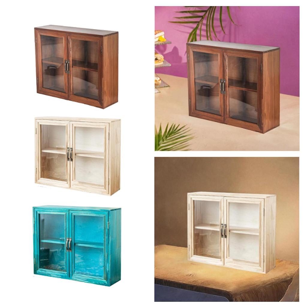 Multifunctional Wooden Desktop Cabinet 2 Tier Showcase Organizer Shelf with Clear Door for Cosmetics Jewelry Perfume