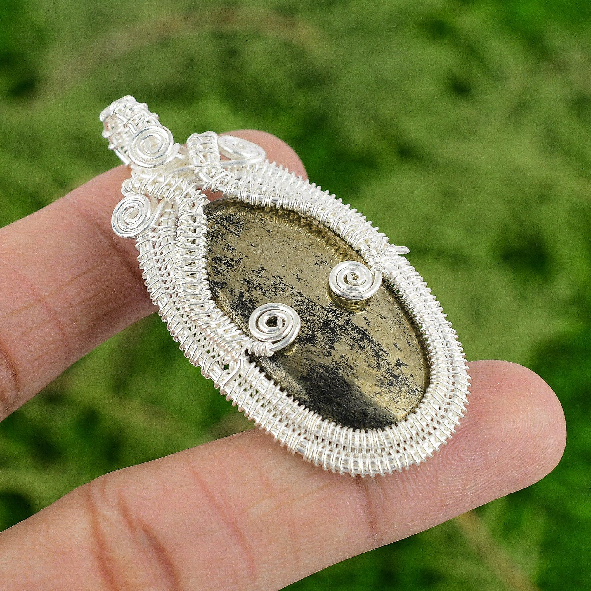 

Pyrite Stone 925 Sterling Silver Wire Wrap Handmade Solar Chakra Pendant Jewelry
