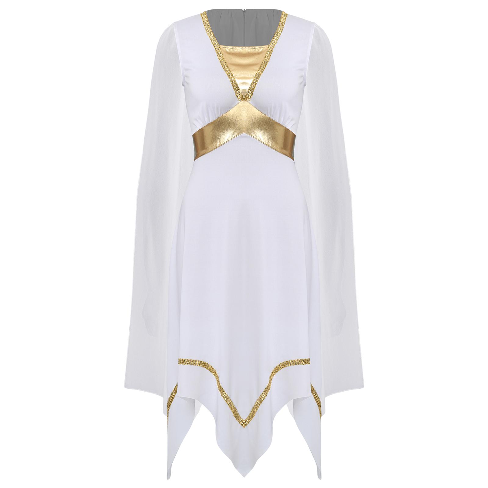 

Женское платье-туника в древнегреческом римском стиле с длинными рукавами-накидкой и асимметричным подолом на Хэллоуин S белый