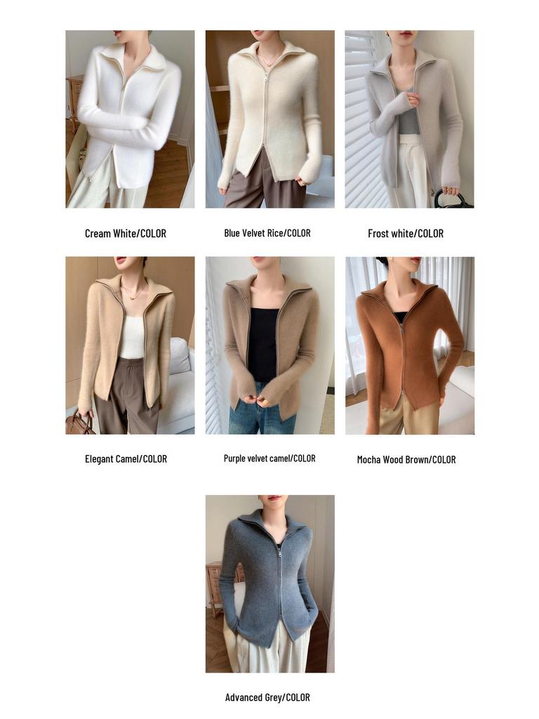 25 Premium Women's Baby Cashmere Cardigan, Double-Zipper Lapel Ribbed Sweater, Loose Wool Coat for Autumn/Winter.