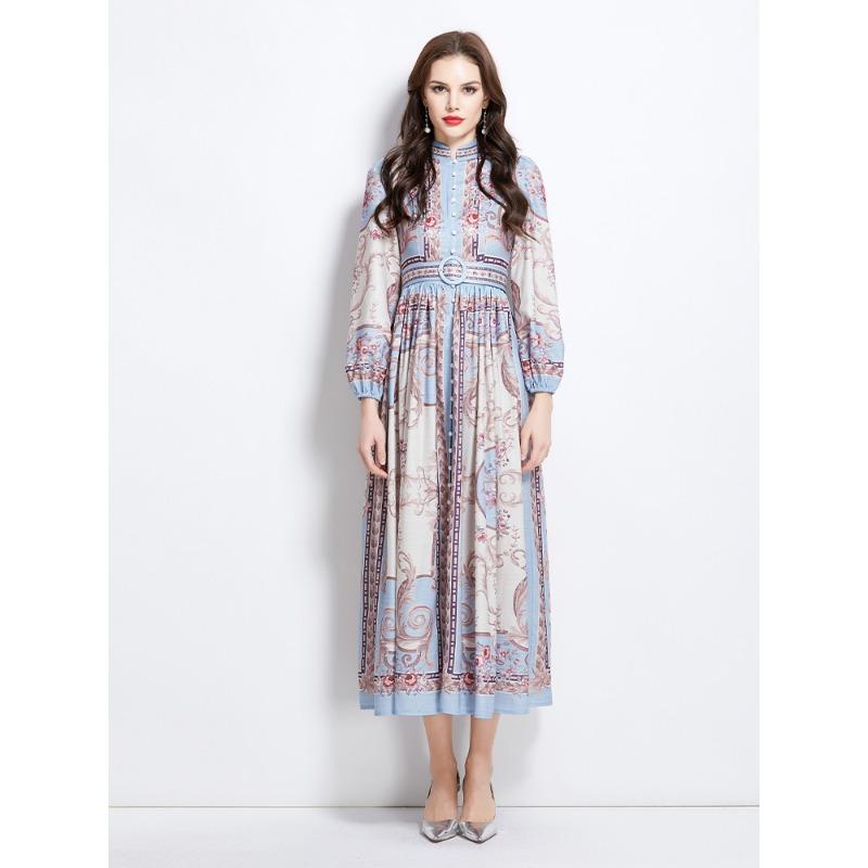 Summer Autumn Women Vintage Print Designer Runway Dress Stand Collar Single Breasted Long Maxi Holiday Party Dresses with Belt