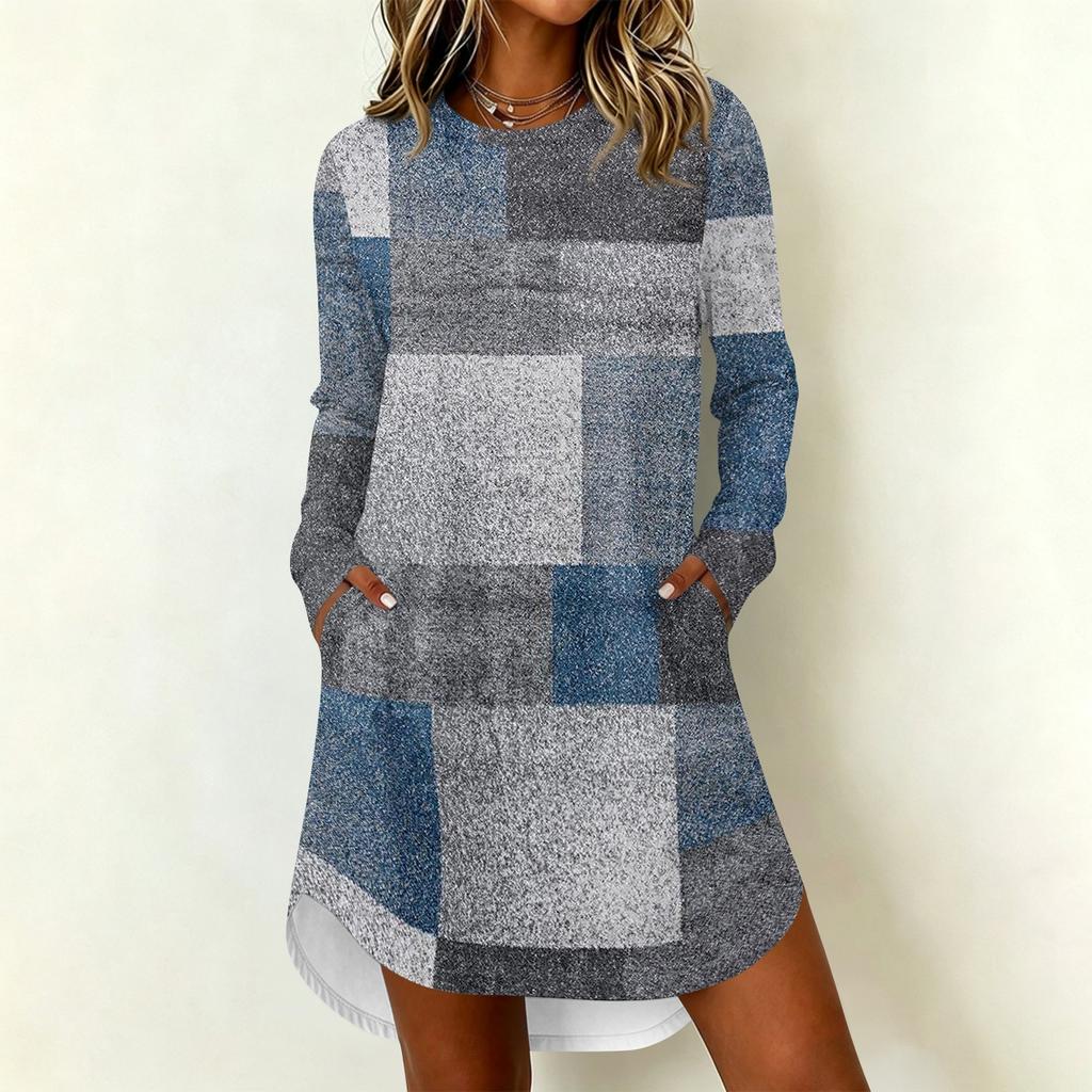 Women's Casual Long Sleeve Dress with Geometric Print and Round Neck for Everyday Wear