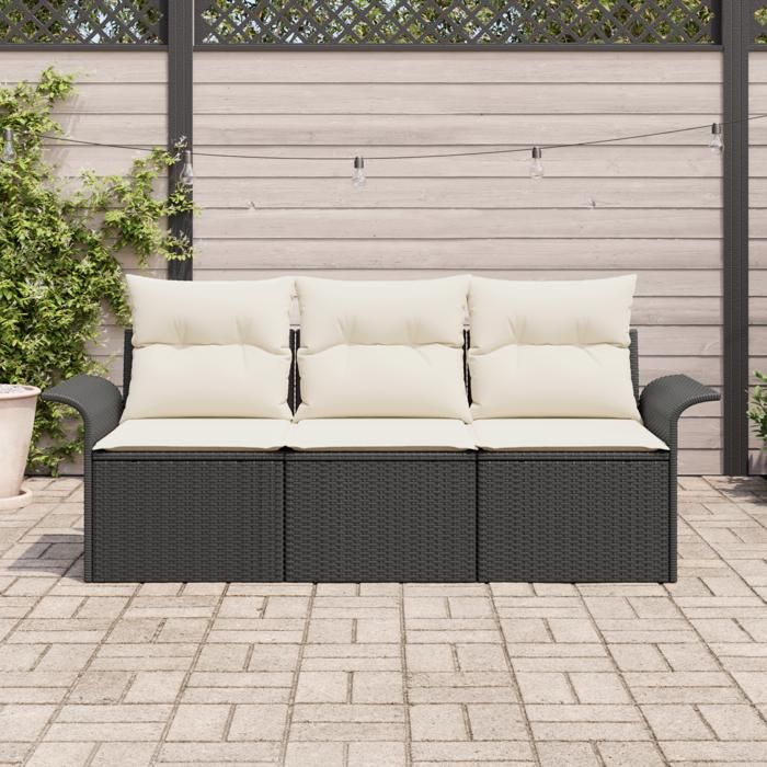 VidaXL Ensemble de Canapé de Jardin 3 Pièces avec Coussins Noir Poly Rattan 3353886