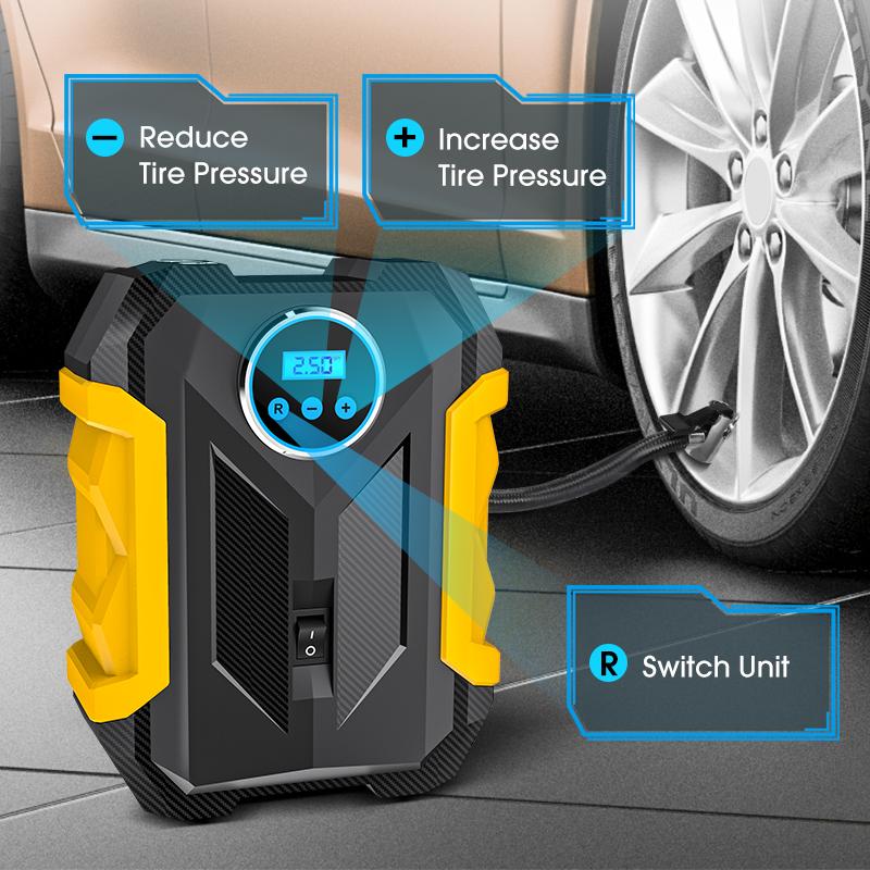 Carsun Automobil portabil 12V 150 PSI Compresor de aer Pompă digitală de umflare a anvelopei Lampă LED Pompă de compresie a anvelopei Compresor pentru mașină Motorcy Ball