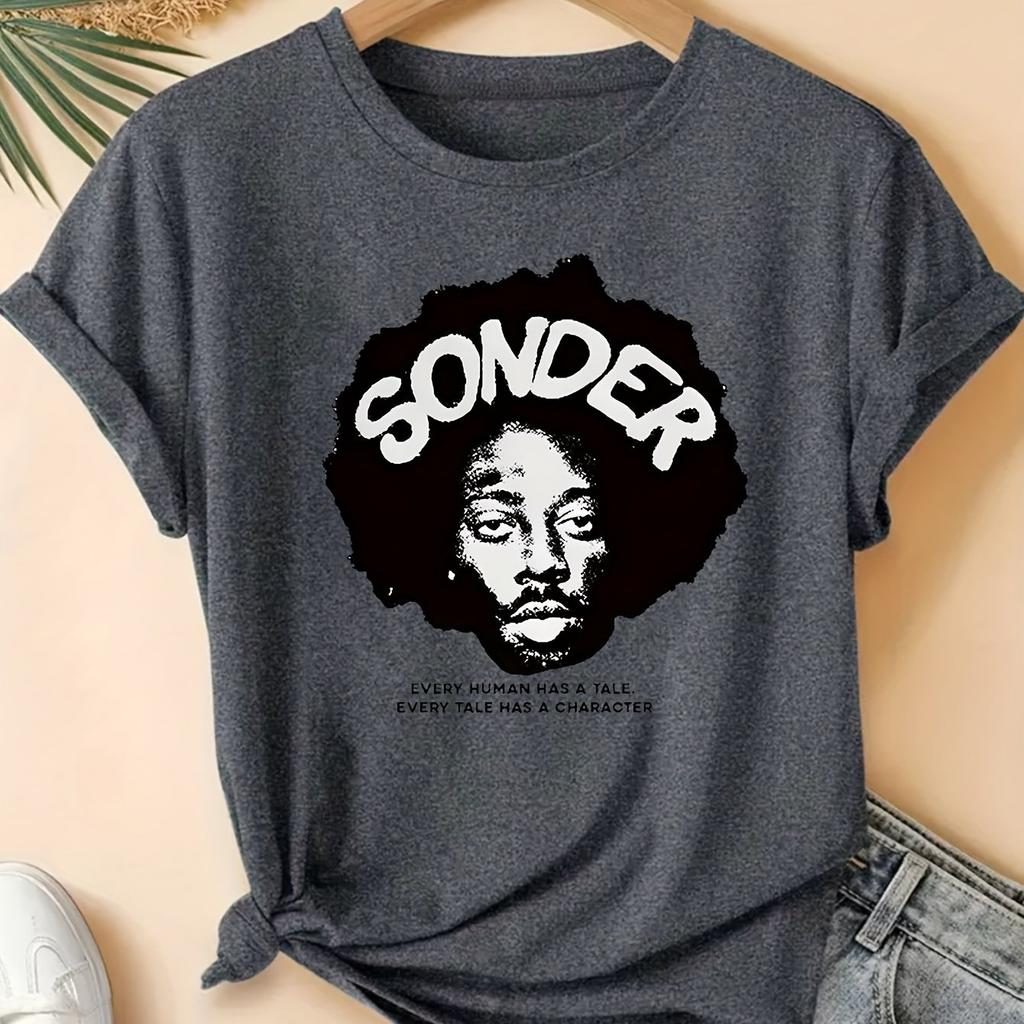 Young Women'S SONDER Art Portrait Printed T-Shirt Uniquely Designed In a Minimalist Style Short-Sleeved for All Seasons
