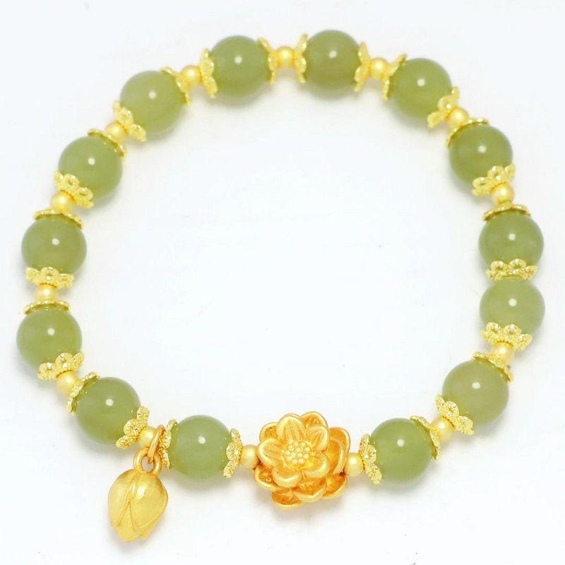 Women Fashion Lucky Bracelet Imitation Hetian Jade Lotus Elegant Temperament Beaded Bracelet Jewelry Gift