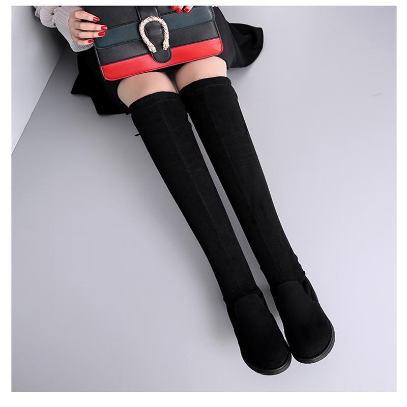 Boots Over Knee Flat Bottom Elastic Skinny Black Over Knee Boots Children Suede Students Low Heel Boots Autumn and Winter