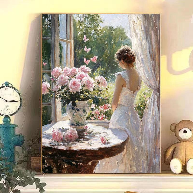 Diy Digital Oil Painting Windowsill Flower Series Hand-Filled Coloring Oil Painting Decompression Healing Decorative Hanging Painting