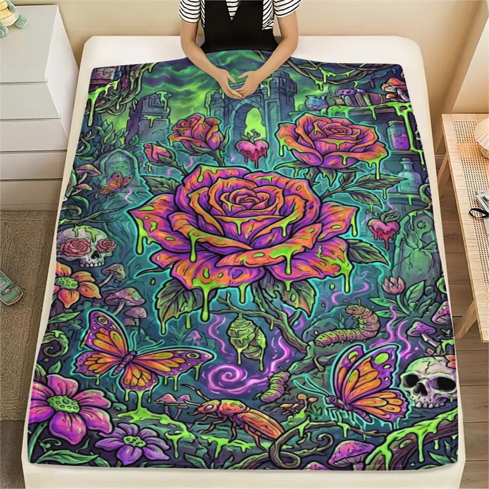 Corrosive Acid Skull and Rose Print Flannel Blanket,High Quality Comfortable for All Seasons,Home Decor,Warmth and Comfort,Perfect for Christmas Gifts