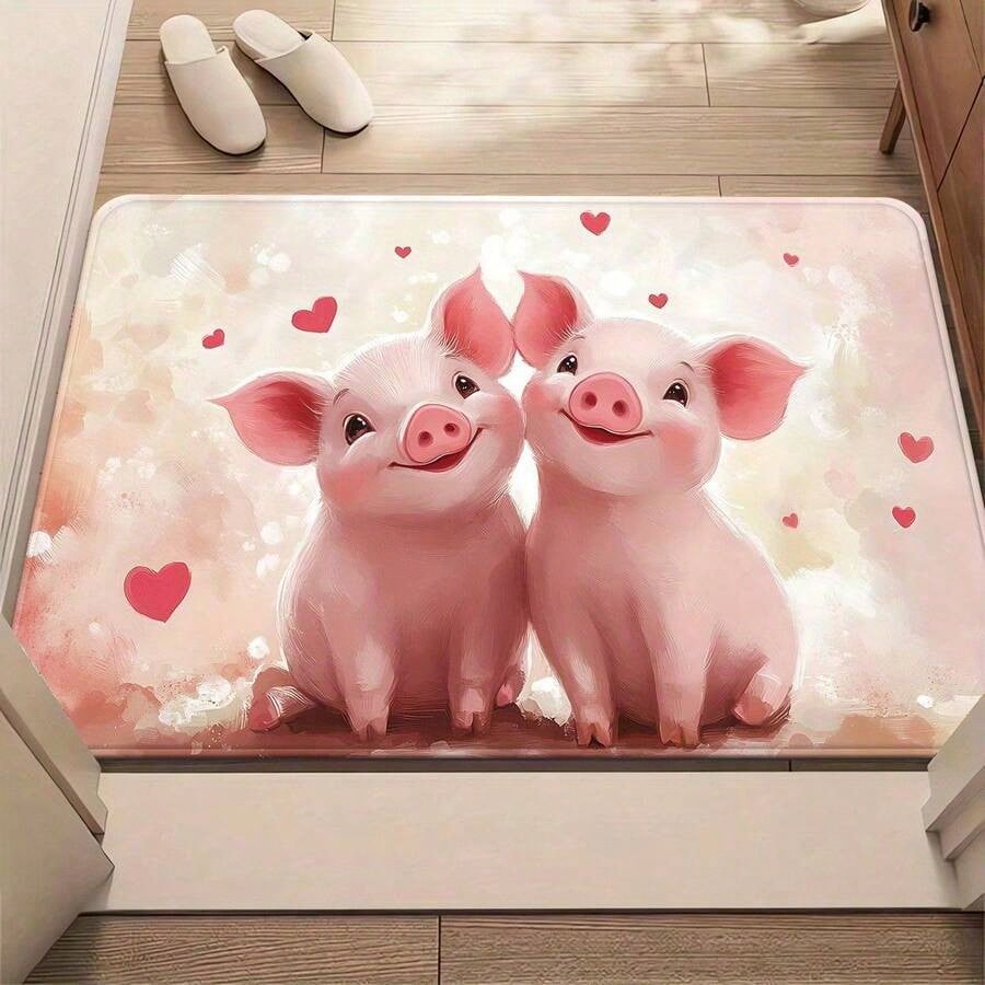 Cute Pig Door Mat - Adorable Cartoon Pigs with Hearts, Soft Non-Slip Entrance Rug, Sweet Home Decor, Multiple Sizes