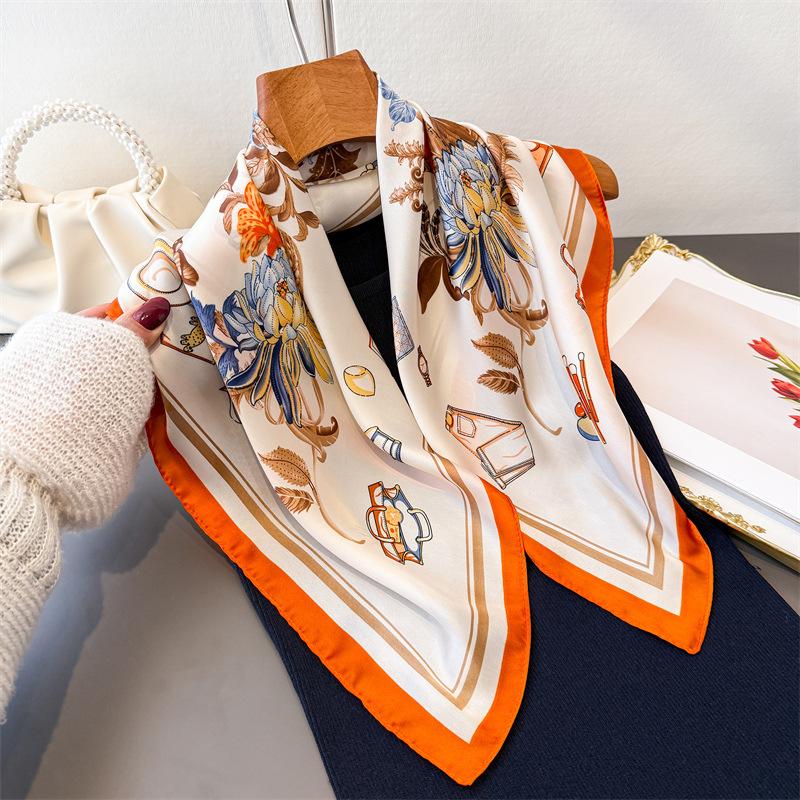 Luxury Square Silk Scarf for Women Floral Butterfly Print Bandana Fashion Shawl Hair Scarves Bag Ribbon for Beach Travel Daily