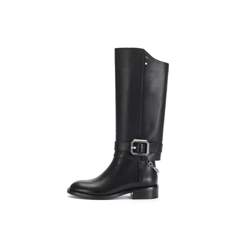 Retro belt buckle but knee boots women's new straight thick-soled retro round head thick heel back zipper boots