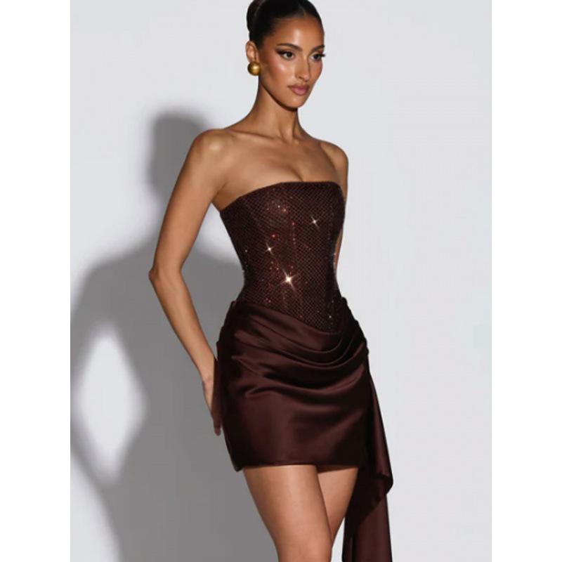 European and American Tube Top Bright Diamond Waist Dress, Satin Irregular Short Skirt, Party Night Tight Temperament Dress Skirt
