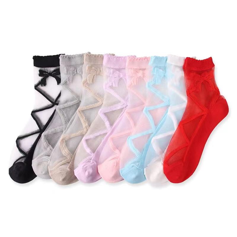 Women Sheer Mesh Glass Transparent Ankle Socks Lady Fashion Bowknot Knit Frill Trim Girls Spring Summer Short Socks