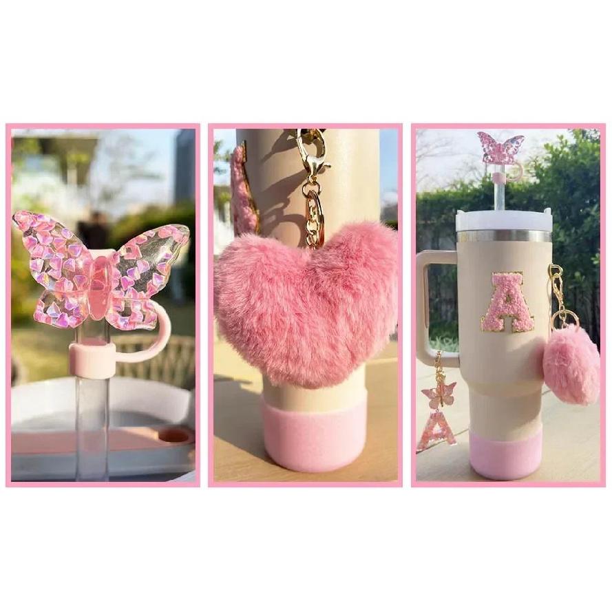 9PCS Accessory Set for Stanley Cup 30oz 40oz Butterfly Straw Cover Cap Silicone Boot Charm Initials Sticker Spill Proof Stopper Cup Holders 5