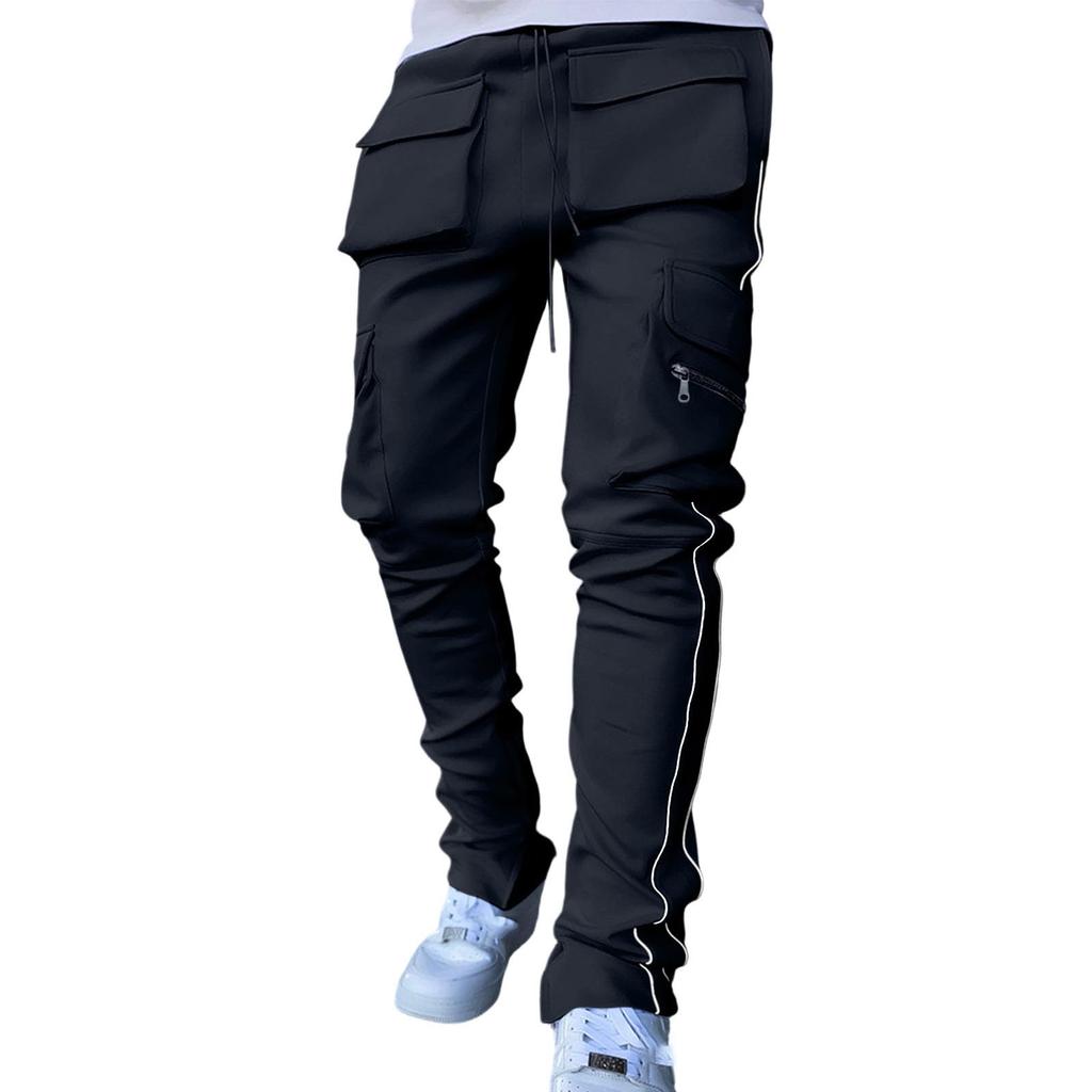 Men's Stretch Cargo Pants with Multi Pockets and Reflective, Straight Leg Workout Fitness Casual Long Pants for Spring and Fall