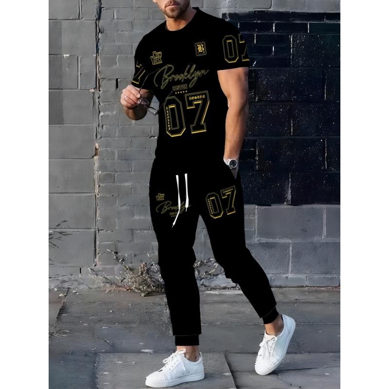 Men's Brooklyn Black and Golden Printed Set, Solid Black Crew Neck Short Sleeve T-Shirt, Number 07 Jogger Sweatpants, Casual Set