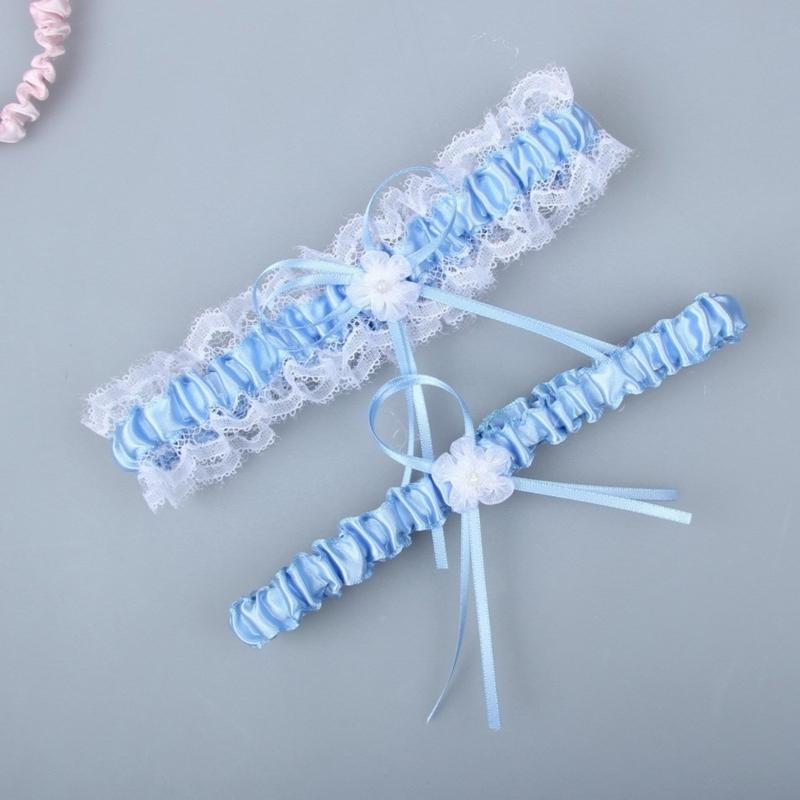2Pcs Trimmed Lace Bowknot Bridal Garters Set for Engagement Party Accessory Gift